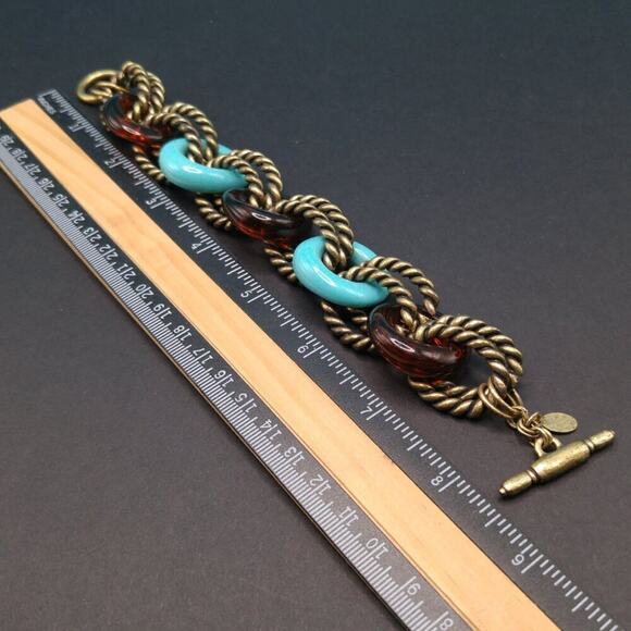 Chico’s Gold Tone Link Bracelet Faux Turquoise Tortoise Shell Toggle Clasp - Picture 3 of 6